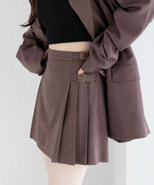 Heather（ヘザー）の「ベルト付きサイドプリーツミニスカート　581536（スカート・レディース・ベージュ系その他/ブラウン系その他/グレー・M/S）」の2枚目の写真
