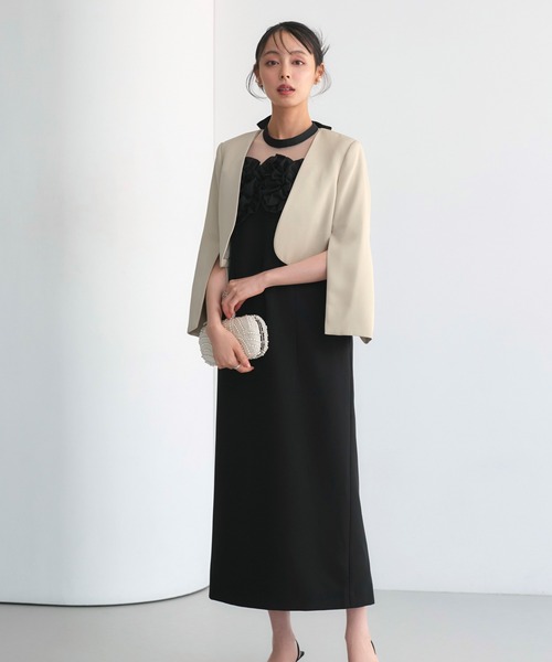 RUIRUE BOUTIQUE（ルイルエブティック）の「オケージョンドレス 結婚式 ストレッチ ｜ ボレロ ＆ フリル ワンピ セットアップ ｜ 二次会 披露宴 美脚 ワンピース オケージョン お呼ばれ パーティードレス（ドレス・レディース・アッシュグレー/ブラック/ホワイト×ブラック・S/M/L/LL）」の6枚目の写真