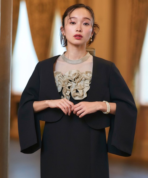 RUIRUE BOUTIQUE（ルイルエブティック）の「オケージョンドレス 結婚式 ストレッチ ｜ ボレロ ＆ フリル ワンピ セットアップ ｜ 二次会 披露宴 美脚 ワンピース オケージョン お呼ばれ パーティードレス（ドレス・レディース・アッシュグレー/ブラック/ホワイト×ブラック・S/M/L/LL）」の9枚目の写真