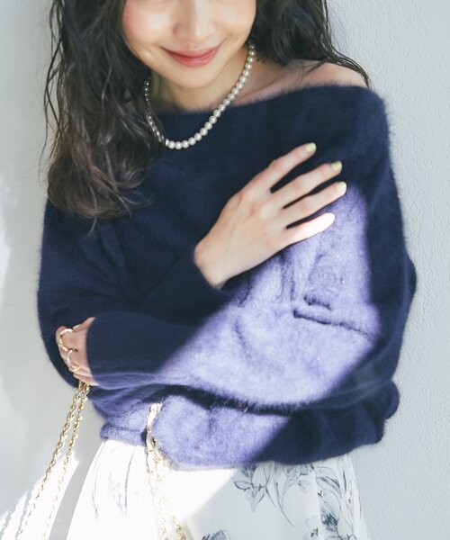 プ*。様 ラブティックボンボン miki監修 ヘアリーウールカシミヤ混オフショル セール】【今すぐお届け！・miki監修】ヘアリーウールカシミヤ混