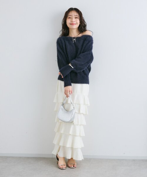 La boutique BonBon（ラブティックボンボン）の「【今すぐお届け！・miki監修】ヘアリーウールカシミヤ混オフショルニット（ニット/セーター・レディース・ミント/オフホワイト/グレー/ピンク/ネイビー・FREE）」の15枚目の写真