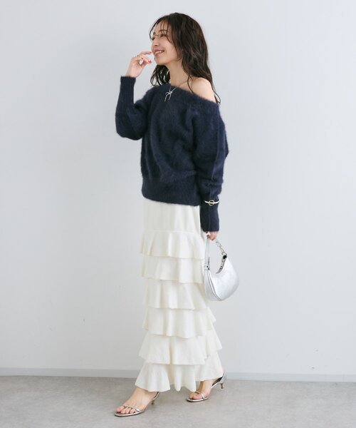 La boutique BonBon（ラブティックボンボン）の「【今すぐお届け！・miki監修】ヘアリーウールカシミヤ混オフショルニット（ニット/セーター・レディース・ミント/オフホワイト/グレー/ピンク/ネイビー・FREE）」の16枚目の写真