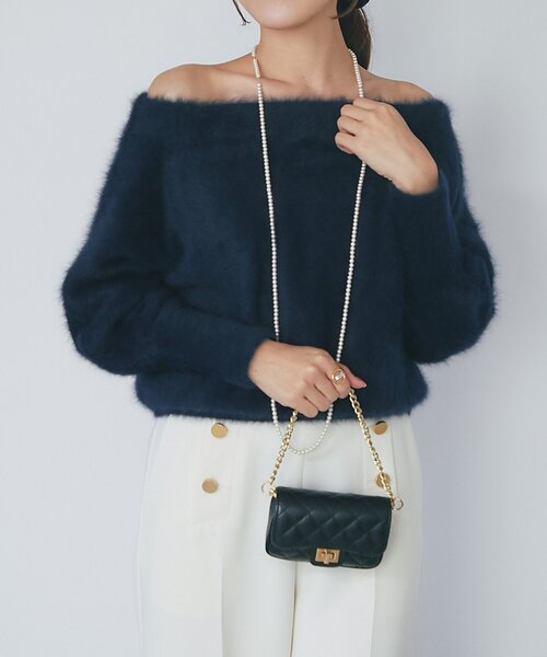 La boutique BonBon（ラブティックボンボン）の「【今すぐお届け！・miki監修】ヘアリーウールカシミヤ混オフショルニット（ニット/セーター・レディース・ミント/オフホワイト/グレー/ピンク/ネイビー・FREE）」の22枚目の写真