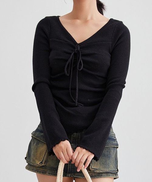 Lace Ladies(レースレディース)の「Vネック リボン シャーリング ニット トップス(Tシャツ/カットソー・レディース・アイボリー/ブラック/ピンク・FREE)」の5枚目の写真