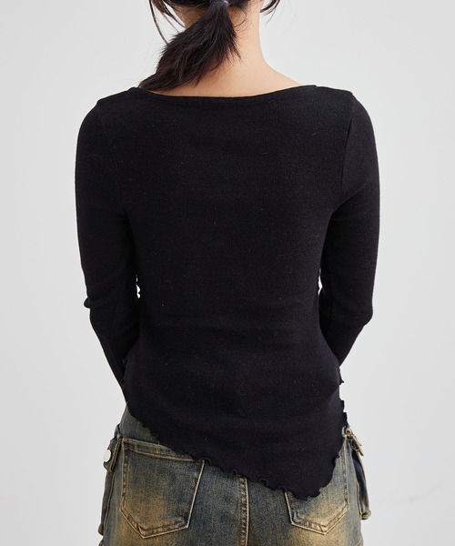 Lace Ladies(レースレディース)の「Vネック リボン シャーリング ニット トップス(Tシャツ/カットソー・レディース・アイボリー/ブラック/ピンク・FREE)」の8枚目の写真