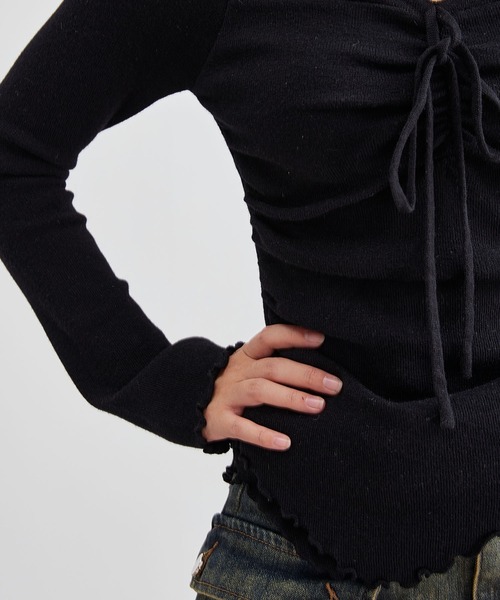 Lace Ladies(レースレディース)の「Vネック リボン シャーリング ニット トップス(Tシャツ/カットソー・レディース・アイボリー/ブラック/ピンク・FREE)」の13枚目の写真