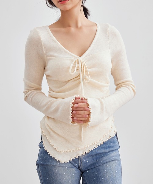 Lace Ladies(レースレディース)の「Vネック リボン シャーリング ニット トップス(Tシャツ/カットソー・レディース・アイボリー/ブラック/ピンク・FREE)」の14枚目の写真