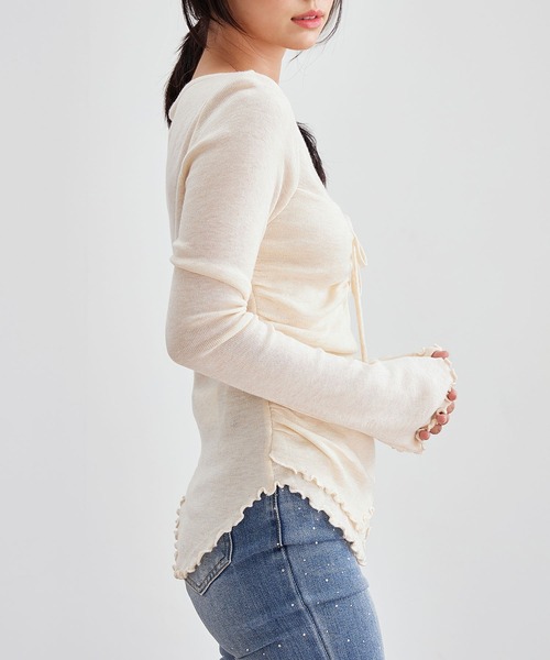 Lace Ladies(レースレディース)の「Vネック リボン シャーリング ニット トップス(Tシャツ/カットソー・レディース・アイボリー/ブラック/ピンク・FREE)」の15枚目の写真