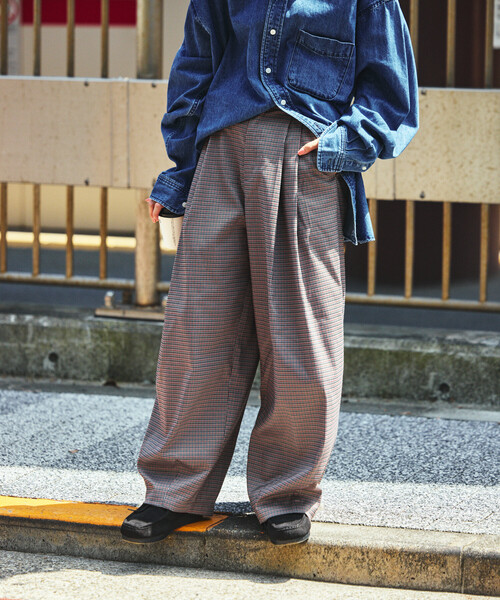 古着 レーヨンタックパンツ シャドーチェック オンブレ スラックス