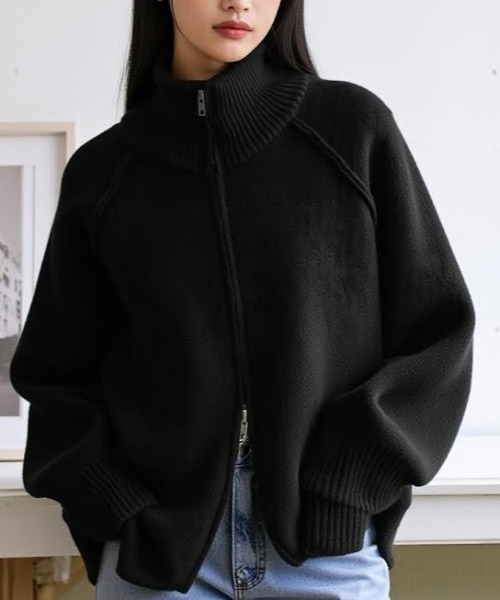 cammie(キャミー)の「ハイネックジップカーディガン(ニット/セーター・レディース・ブラウン/ネイビー/ブラック/アイボリー/カーキ・F)」の3枚目の写真