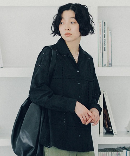 freada レース刺繍パッチワークシャツ セットアップ　黒 freada レース刺繍パッチワークシャツ セットアップ 黒 レース刺繍