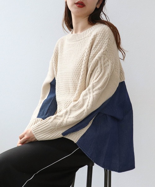 Cepica（セピカ）の「デニムコンビＡラインニットプルオーバー（ニット/セーター・レディース・チャコールグレー/ベージュ・FREE）」の2枚目の写真