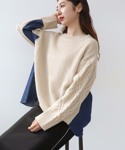 Cepica（セピカ）の「デニムコンビＡラインニットプルオーバー（ニット/セーター・レディース・チャコールグレー/ベージュ・FREE）」の4枚目の写真