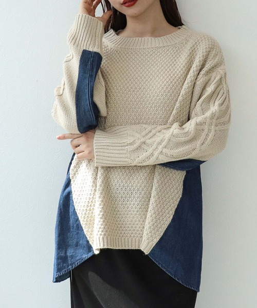 Cepica（セピカ）の「デニムコンビＡラインニットプルオーバー（ニット/セーター・レディース・チャコールグレー/ベージュ・FREE）」の7枚目の写真