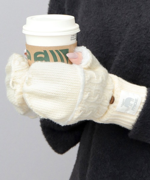 セール】ケーブル編みニット 裏ボア フラップ ミトングローブ 手袋