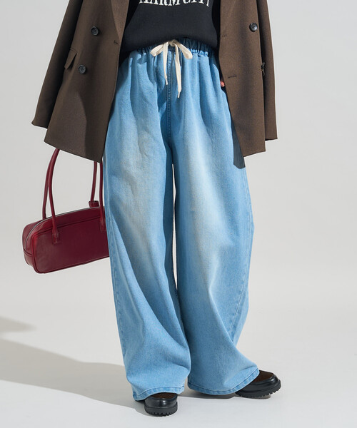 低身長サイズあり＞裏起毛 ウォッシュ加工 デニム イージーパンツ 限定