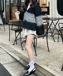 たっぷりシャギーカラーブロックカーデ