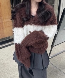 たっぷりシャギーカラーブロックカーデ