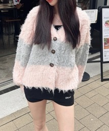 たっぷりシャギーカラーブロックカーデ