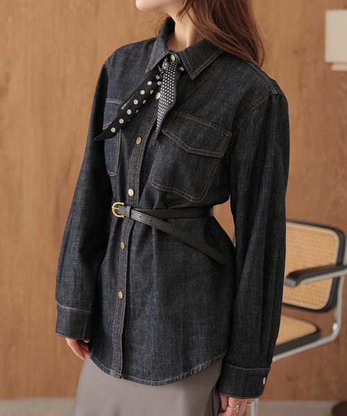 SUWDEE(スーディー)の「scarf double pocket denim shirt(シャツ/ブラウス・レディース・ネイビー・FREE)」の6枚目の写真