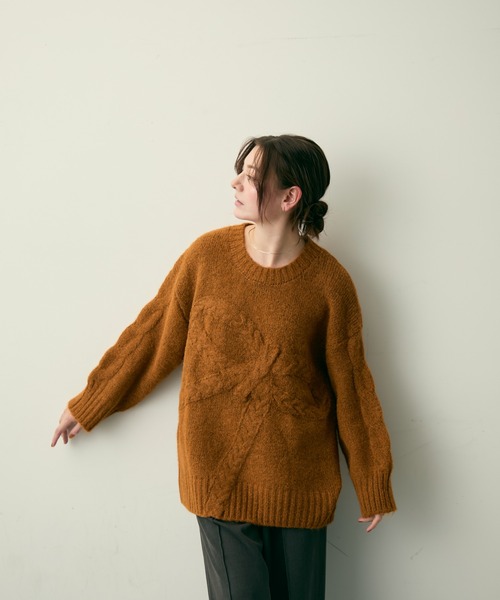 Lunea（ルネア）の「リボンジャガードケーブルニット（ニット/セーター・レディース・グレー/アイボリー/キャメル/ネイビー・FREE）」の13枚目の写真