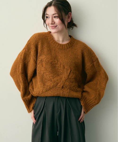 リボンケーブルニット　ネイビー ジプソフィア ハート釦リボン付きケーブルニット | Rlab store