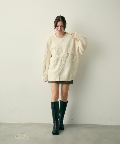 Lunea（ルネア）の「リボンジャガードケーブルニット（ニット/セーター・レディース・グレー/アイボリー/キャメル/ネイビー・FREE）」の6枚目の写真