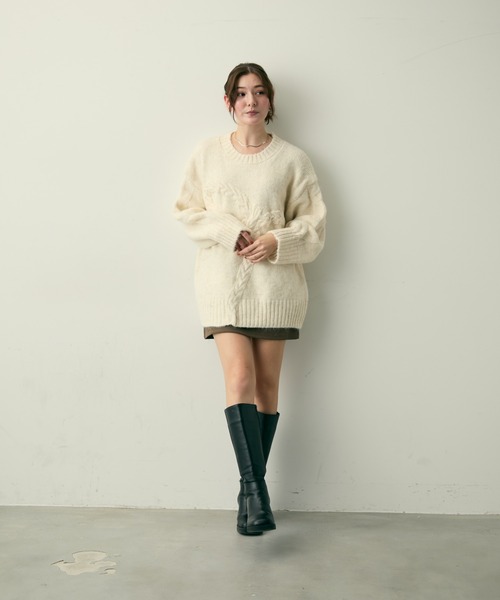 Lunea（ルネア）の「リボンジャガードケーブルニット（ニット/セーター・レディース・グレー/アイボリー/キャメル/ネイビー・FREE）」の8枚目の写真