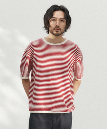 ストライプ半袖ニット_RED
