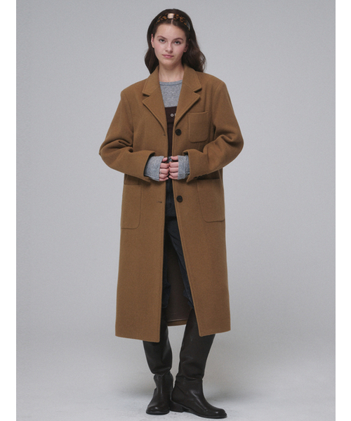 セール】シングルウールロングコートブラウン（チェスターコート