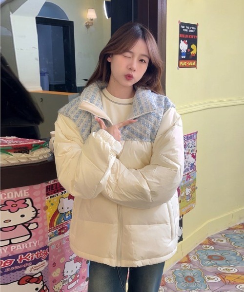 セール】チェック柄切り替え エコダウンジャケット（ダウンジャケット