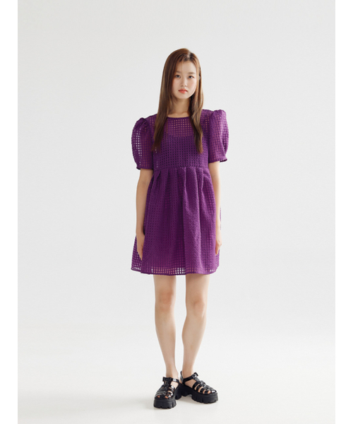 BOMNAL BOUTIQUE(ボムナルブティック)の「チェックボリュームミニドレス_ディープパープル(ワンピース・レディース・その他・SMALL/MEDIUM)」の1枚目の写真