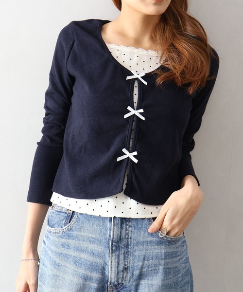 SpRay(スプレイ)の「ドットインナーリボンフェイクレイヤード/ロンT(Tシャツ/カットソー・レディース・チャコールグレー/アイボリー/ネイビー・FREE)」の3枚目の写真