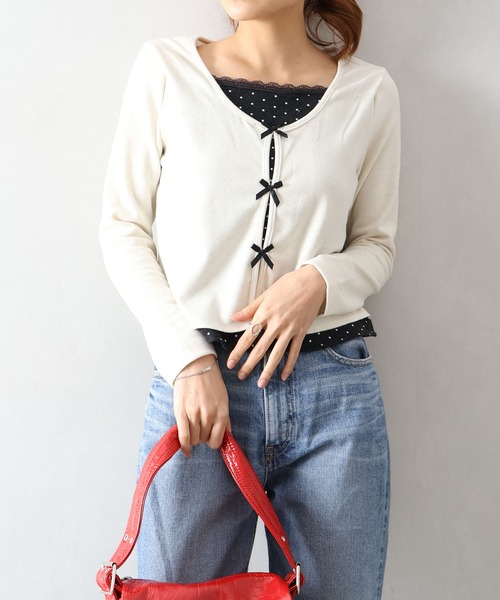 SpRay(スプレイ)の「ドットインナーリボンフェイクレイヤード/ロンT(Tシャツ/カットソー・レディース・チャコールグレー/アイボリー/ネイビー・FREE)」の2枚目の写真