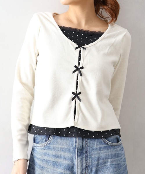 SpRay(スプレイ)の「ドットインナーリボンフェイクレイヤード/ロンT(Tシャツ/カットソー・レディース・チャコールグレー/アイボリー/ネイビー・FREE)」の4枚目の写真