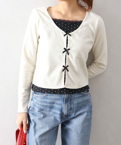 SpRay(スプレイ)の「ドットインナーリボンフェイクレイヤード/ロンT(Tシャツ/カットソー・レディース・チャコールグレー/アイボリー/ネイビー・FREE)」の5枚目の写真