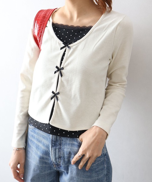 SpRay(スプレイ)の「ドットインナーリボンフェイクレイヤード/ロンT(Tシャツ/カットソー・レディース・チャコールグレー/アイボリー/ネイビー・FREE)」の6枚目の写真