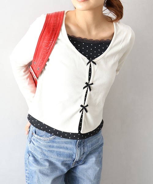 SpRay(スプレイ)の「ドットインナーリボンフェイクレイヤード/ロンT(Tシャツ/カットソー・レディース・チャコールグレー/アイボリー/ネイビー・FREE)」の7枚目の写真