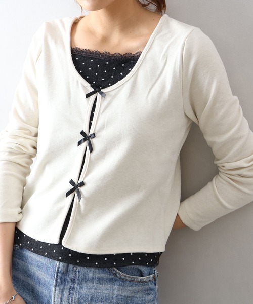 SpRay(スプレイ)の「ドットインナーリボンフェイクレイヤード/ロンT(Tシャツ/カットソー・レディース・チャコールグレー/アイボリー/ネイビー・FREE)」の8枚目の写真