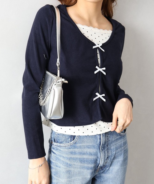 SpRay(スプレイ)の「ドットインナーリボンフェイクレイヤード/ロンT(Tシャツ/カットソー・レディース・チャコールグレー/アイボリー/ネイビー・FREE)」の15枚目の写真