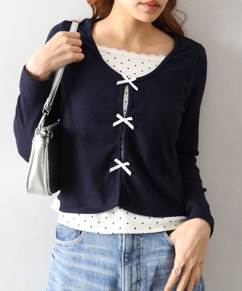 SpRay(スプレイ)の「ドットインナーリボンフェイクレイヤード/ロンT(Tシャツ/カットソー・レディース・チャコールグレー/アイボリー/ネイビー・FREE)」の16枚目の写真