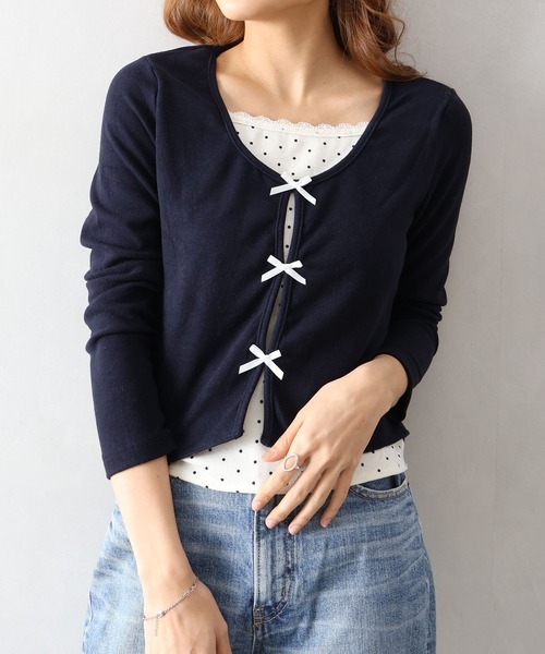 SpRay(スプレイ)の「ドットインナーリボンフェイクレイヤード/ロンT(Tシャツ/カットソー・レディース・チャコールグレー/アイボリー/ネイビー・FREE)」の17枚目の写真