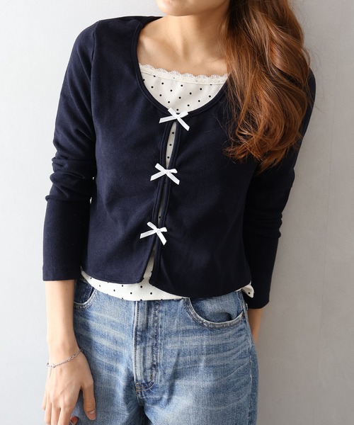 SpRay(スプレイ)の「ドットインナーリボンフェイクレイヤード/ロンT(Tシャツ/カットソー・レディース・チャコールグレー/アイボリー/ネイビー・FREE)」の18枚目の写真