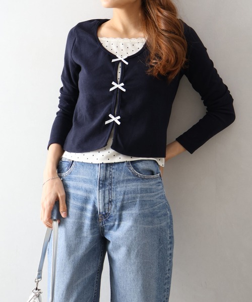 SpRay(スプレイ)の「ドットインナーリボンフェイクレイヤード/ロンT(Tシャツ/カットソー・レディース・チャコールグレー/アイボリー/ネイビー・FREE)」の19枚目の写真