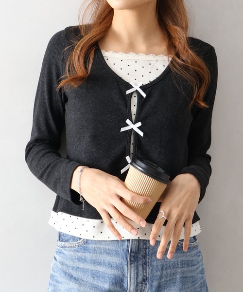 SpRay(スプレイ)の「ドットインナーリボンフェイクレイヤード/ロンT(Tシャツ/カットソー・レディース・チャコールグレー/アイボリー/ネイビー・FREE)」の20枚目の写真