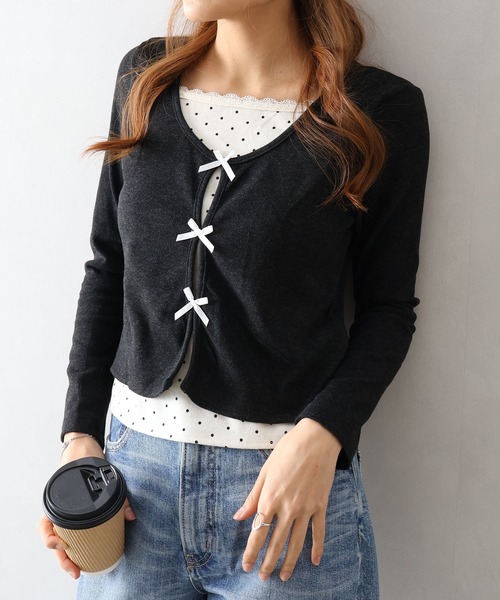 SpRay(スプレイ)の「ドットインナーリボンフェイクレイヤード/ロンT(Tシャツ/カットソー・レディース・チャコールグレー/アイボリー/ネイビー・FREE)」の22枚目の写真