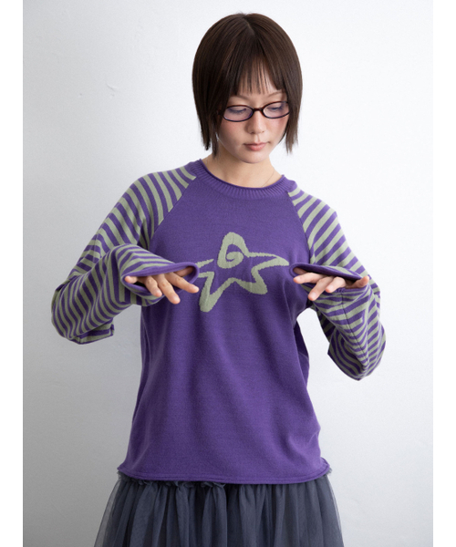 STAR STRIPE RAGLAN KNIT_PURPLE(IK2FFMK600A)（ニット/セーター