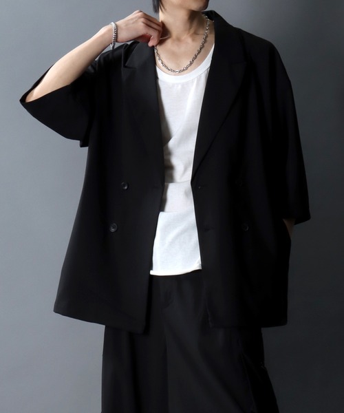 SITRY(シトリー)の「Half Sleeve Double-Breasted Tailored Jacket/オーバーサイズ ドレープ 半袖 ダブルテーラードジャケット セットアップ対応(テーラードジャケット・メンズ・ブラック/チャコール・M/L/LL)」の1枚目の写真
