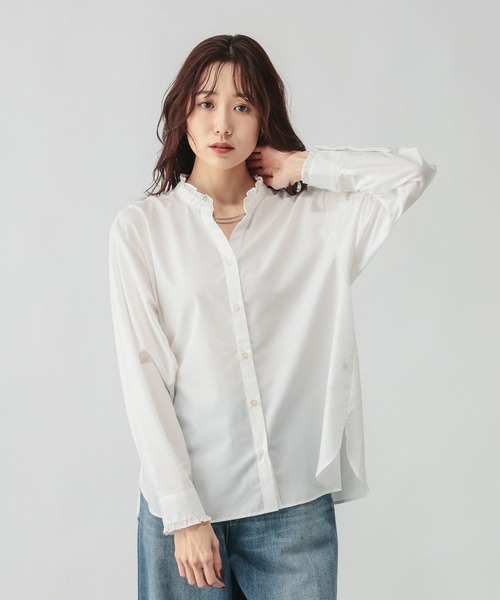 GLOBAL WORK（グローバルワーク）の「365日マイスタイルフリルブラウス/601193（シャツ/ブラウス・レディース・ブルー系その他/サックスブルー/アイボリー・LARGE/MEDIUM/SMALL）」の6枚目の写真