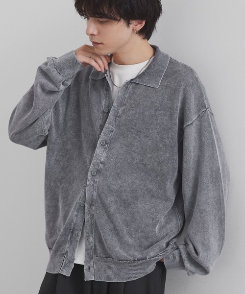 ヴィンテージライク ピグメント加工 オーバーサイズ 長袖ニットシャツ